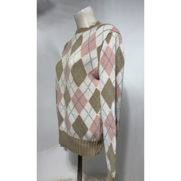 Vintage Polo Ralph Lauren Argyle Sweater M 100% Cotton Pink Tan Preppy 19 X 21 - Picture 4 of 8